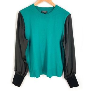 DKNY Colorblock Knit Sweater Teal Green Black Crew Neck Long Sleeve Pullover XL